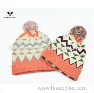 Trendy Multicolor Jacquard Knit Hat with Pompom
