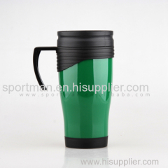 Custom non-spill coffee thermos plastic travel mug with handle and lid 14oz
