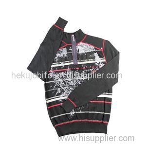 men's plastic zipper pullover striped printing sweater in three-thread coverstitch
