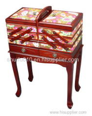 Standing Cantilever Wooden Sew Box with Tapestry