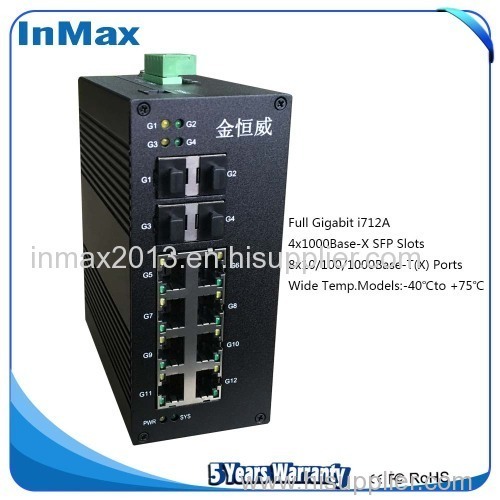 4x1000M FX(SFP Slot) to 8x10/100/1000MBase TX Full Gigabit Industrial Switch