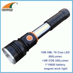 COB high power magnet working light 18650 Lithium rechargeable flashlight stretched COB and 10W Cree LED torch
