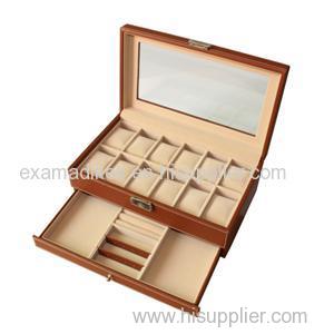 12 Slots Mens Watch Box PU Leather Watch Case Glass Top Watch Display Organizer