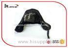 Black Leather Winter Trapper Hat With Faux Fur Earflap And Snap Button