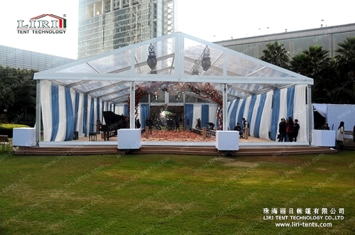 400 people event tent with transparent roof cover and blue curtain
