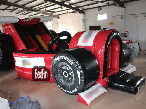 Inflatable formula car theme slide with air blower