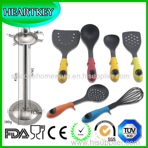 Heat Resistant Red Silicone Kitchen Cooking Utensil Set with Ladle Turner Spoon Spaghetti Server & Slotted Spoon