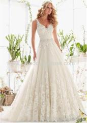 Tulle V-neck Neckline A-line Wedding Dresses with Beaded Lace Appliques