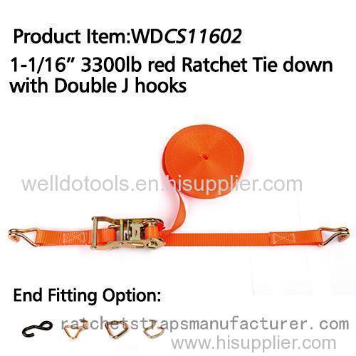 1-1/16 3300lbs red Ratchet Tie down with Double J hooks