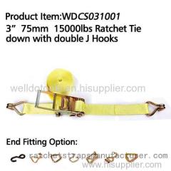 3 75mm 15000lbs Ratchet Tie down with double J Hooks