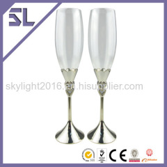Double heart silver plated champagne flutes wedding gifts for bride and groom