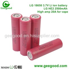 Geniune LG 18650 battery HE4 HE2 2500mAh 20A high amp high capacity battery for vape/mod/ e-cig