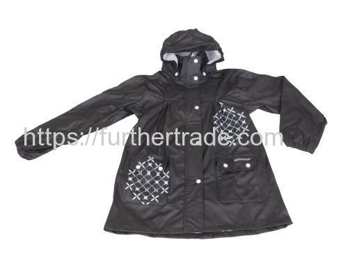 R-1022-1006 BLACK PU LONG RAIN JACKET FOR WOMEN