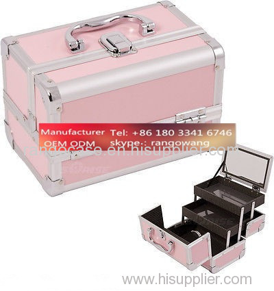 Makeup Train Case Cosmetic Organizer Mirror 3 Trays PINK Aluminum Jewelry Box