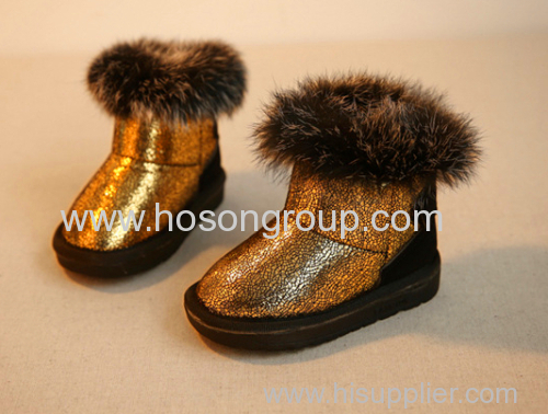 Shining Upper Kids Boots With Big Fur