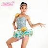 Gold Metallic Edged Hip Hop Dance Costumes Tiered Wire Hem Skirt Sequins Bodice with Flowers Trims