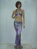 2 Pcs Belly Dancer Costume Purple Metallic Maxi Skirt Halter Neck Bra Flower Printing