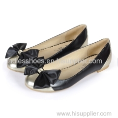 fashion bowtie flat women dress shoes with patch gold and black color