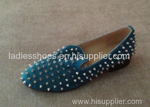 new style blue color pointy toe fahsion women flat dress shoes with studs