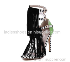 customed design T-strap ladies buckle high heel shoes with tassels