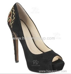 Black peep toe pull on women dress shoe with flower embroidery