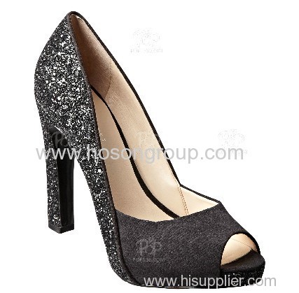 Square heel black shining paillette women dress shoe