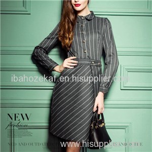 Short Point Collar Button Placket Vertical And Diagonal Stripes Grey Nice Dress