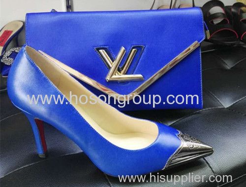 Blue Color Metallic Toe Women Shoes with Matching Purse