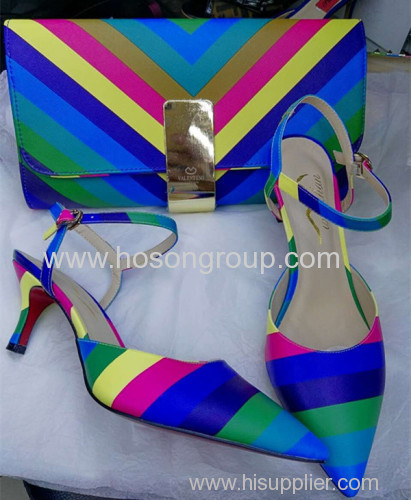 Rainbow Color Upper Lady Shoes with Matching Handbags