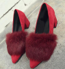 Women chunky heel pointy toe dress shoes with fur