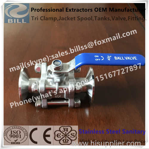 3 Piece Encapsulated Ball Valve Tri Clamp end Stainless Steel Sanitary Grade