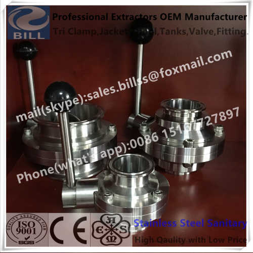 Sanitary Stainless Steel Tri Clamped Butterfly Valve with handle and 4 positions