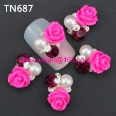 New 3D Hotpink Flower Acrylic Rhinestone DIY Nail Art Decoration Tips