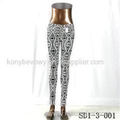 Women Fashion Sexy Woven National Style Printing High-waist Slimming Black and White Leggings