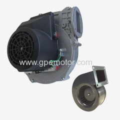 Exhaust air fan for wood pellet heater and chip oven