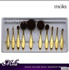 Custom logo soft nylon hair brush plastic 10 piece gold handler Multi-functions oval makeup brush