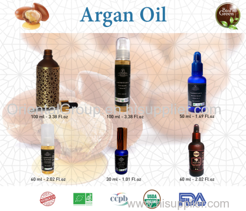 100% Bio certified Organic Argan oil in glass bottle with dropper 