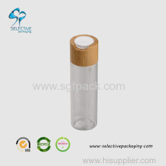 100ml transparent PET lotion bottle with big bamboo press cap plastic cosmetic bottle