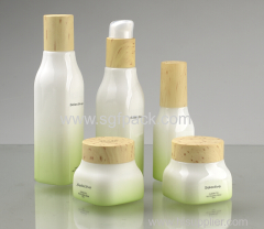 Green gradient color opal glass bottle and jar with wood lid wtp cap