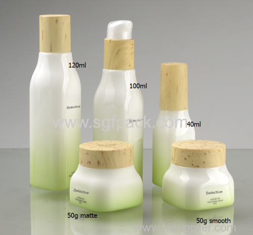 Green gradient color opal glass bottle and jar with wood lid wtp cap