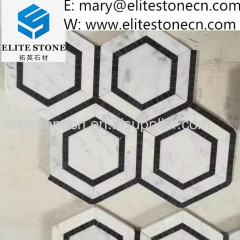 Hexagon white mosaic mixed black marble tile for kitchen backsplash