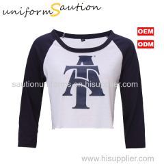 Custom fashion super soft combed cotton raglan style 3/4 sle-eves short-waisted baseball t shirt
