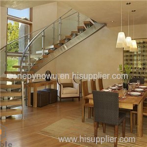 Glass Railing Wood Tread Curved Stairs For Villa