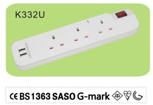 High Quality UK Standard BS1363 Surge Protector 3 Gang Extersion Socket with 2 USB charger