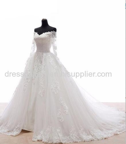 Fabulous Off Shoulder Court Train Long Sleeves Wedding Dress with Lace Appliques
