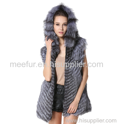 Womens Winter Genuine Fur Long Vests Zipper Closed Fur Sleeveless Overcoats Silver Fox Fur Waistcoats with Hood