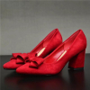 Suede bowtie chunky heel red wedding shoes