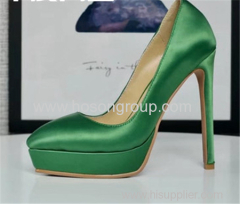 Green satin cloth lady stiletto heel dress shoes