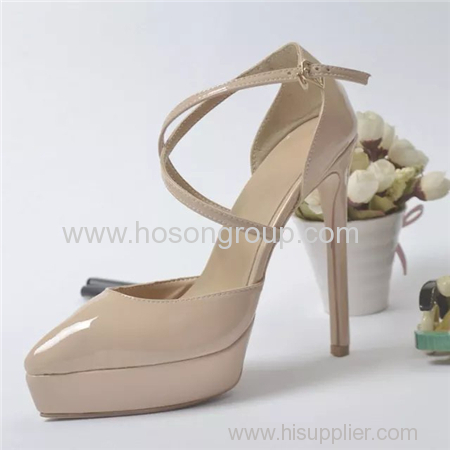 Nude patent leather pointy toe high heel dress sandals