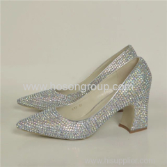 Pointy toe chunky heel women dress shoes with rhinestone